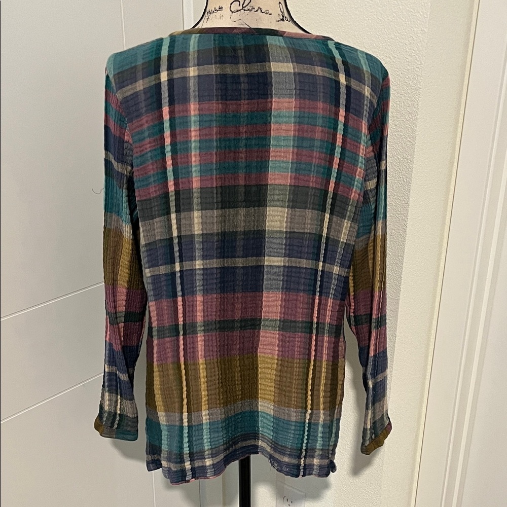 Soft Surroundings Multicolor Gauze Cotton Plaid V-Neck Top Boho Office Casual - Picture 7 of 13